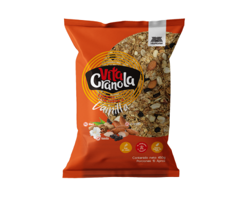 Granola Vainilla VitaGranola: crujiente, nutritiva y con un toque natural de vainilla. Perfecta para un desayuno o snack saludable.